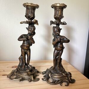 S/2 Antique Rococo-Style Victorian Cherub Babies in Nature Brass Candlesticks